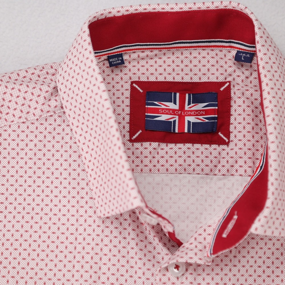 Soul of London Mens Button Down Shirt Red White Geometric Print Stretch Large - Picture 2 of 10